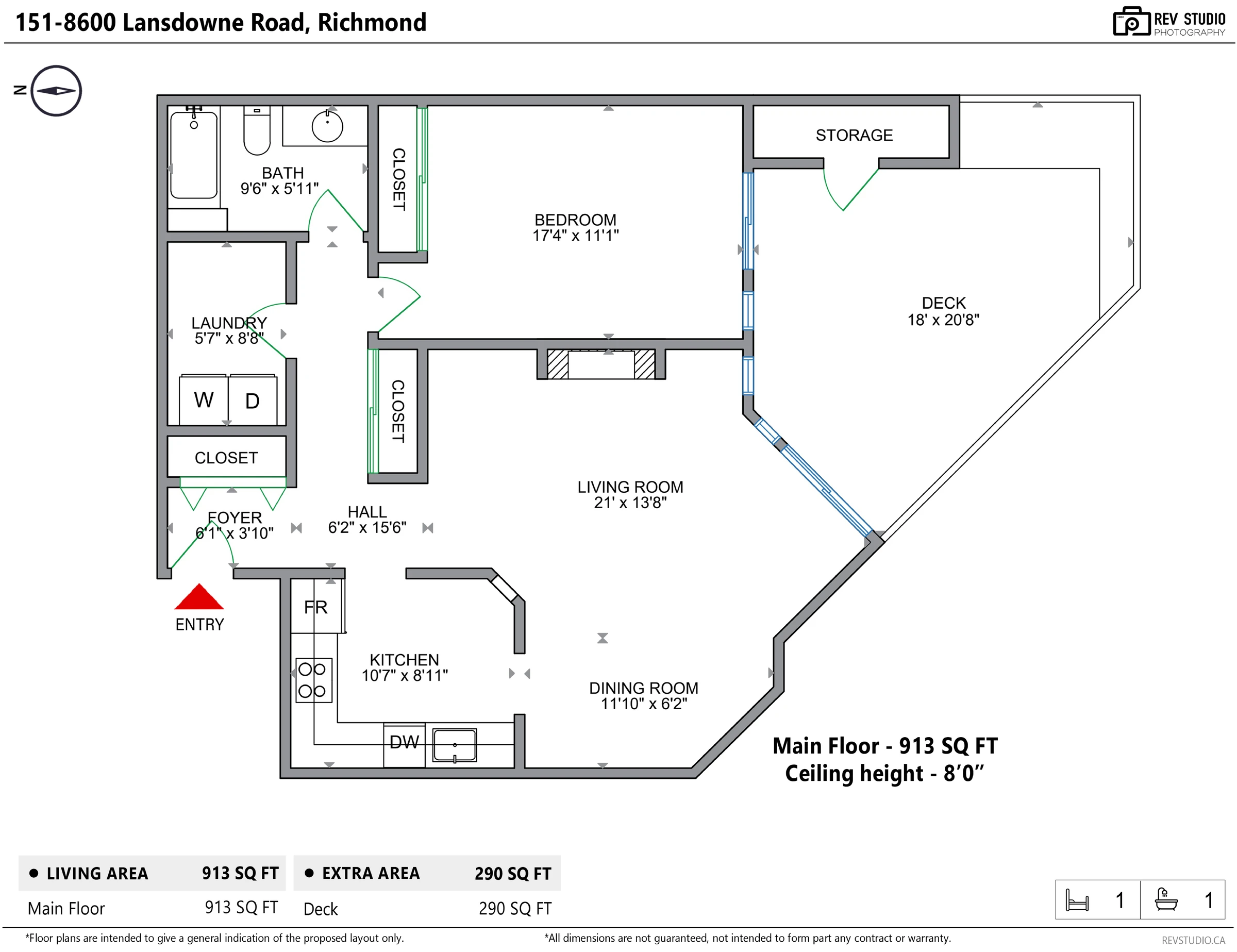 Measured floor plan of 151-8600 Lansdowne Road: living room, dining, kitchen, bedroom, bath, laundry and the deck