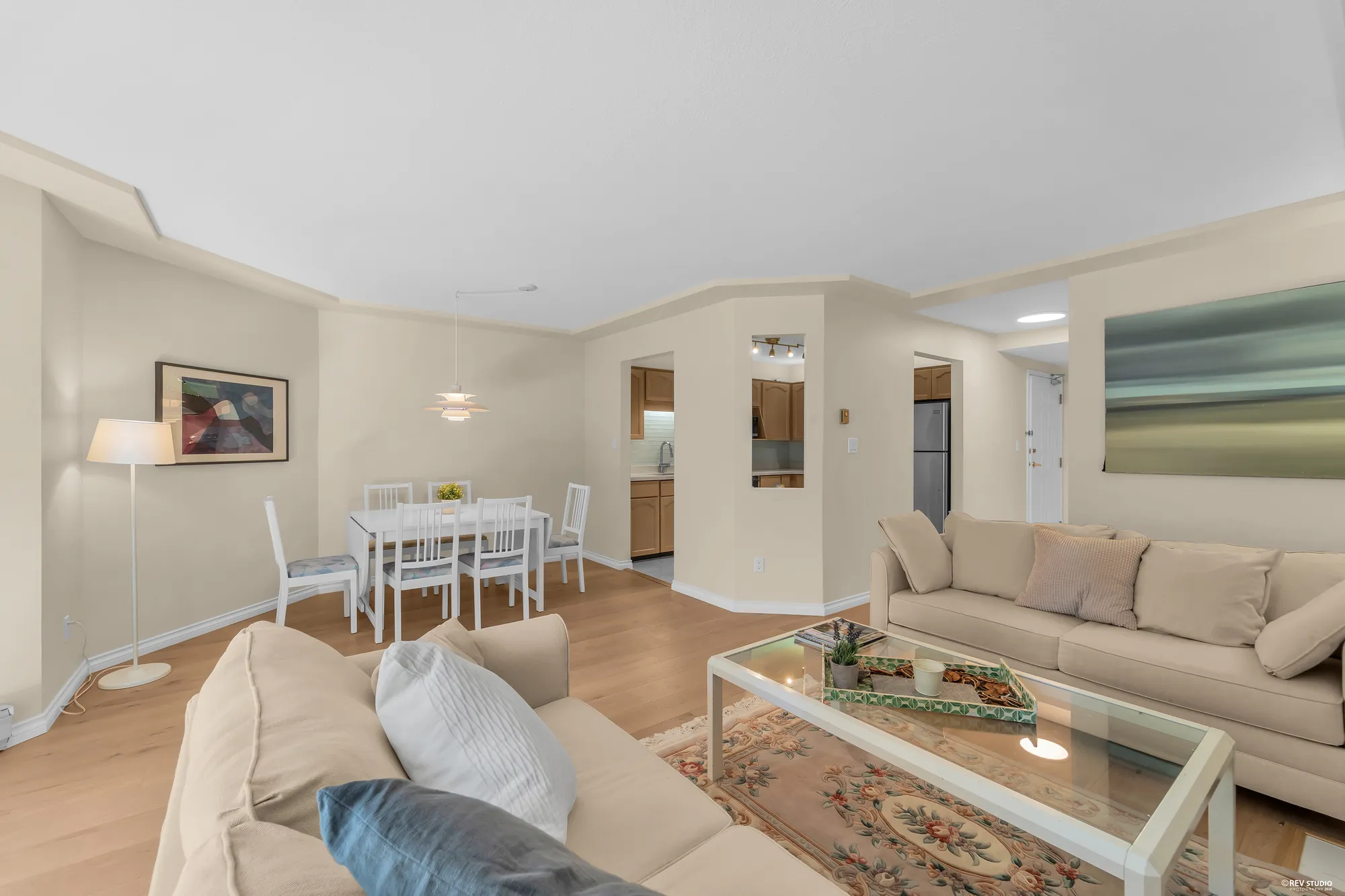 Living room and dining area from the far end